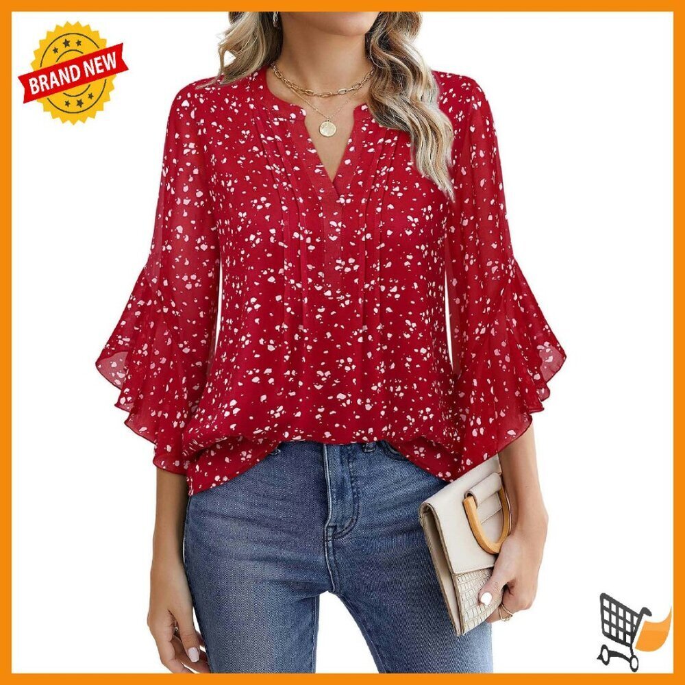 Lightweight Chiffon 3/4 Sleeve Blouse with V-Neck & Ruffle Cuffs